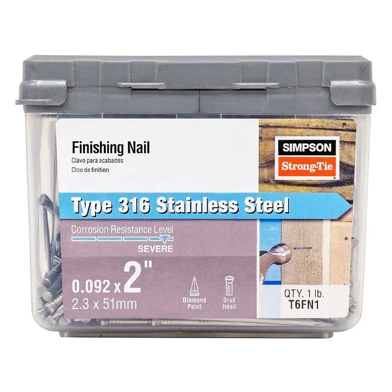 Simpson Strong-Tie T6FN1 Finishing Nail, 6D, 2 in L, 13 ga Gauge, Stainless Steel, Brad Head, Smooth Shank