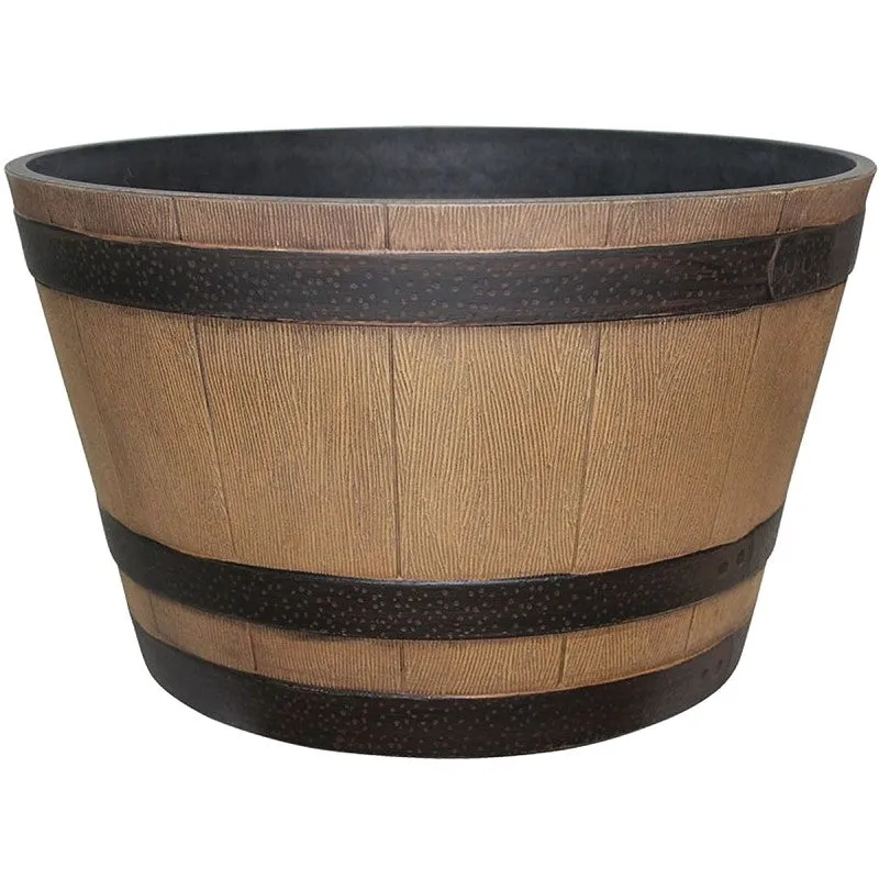 Southern Patio HDR-055471 Planter, 13.04 in H, 22.24 in W, 22.24 in D, Round, Whiskey Barrel Design, Resin, Natural Oak