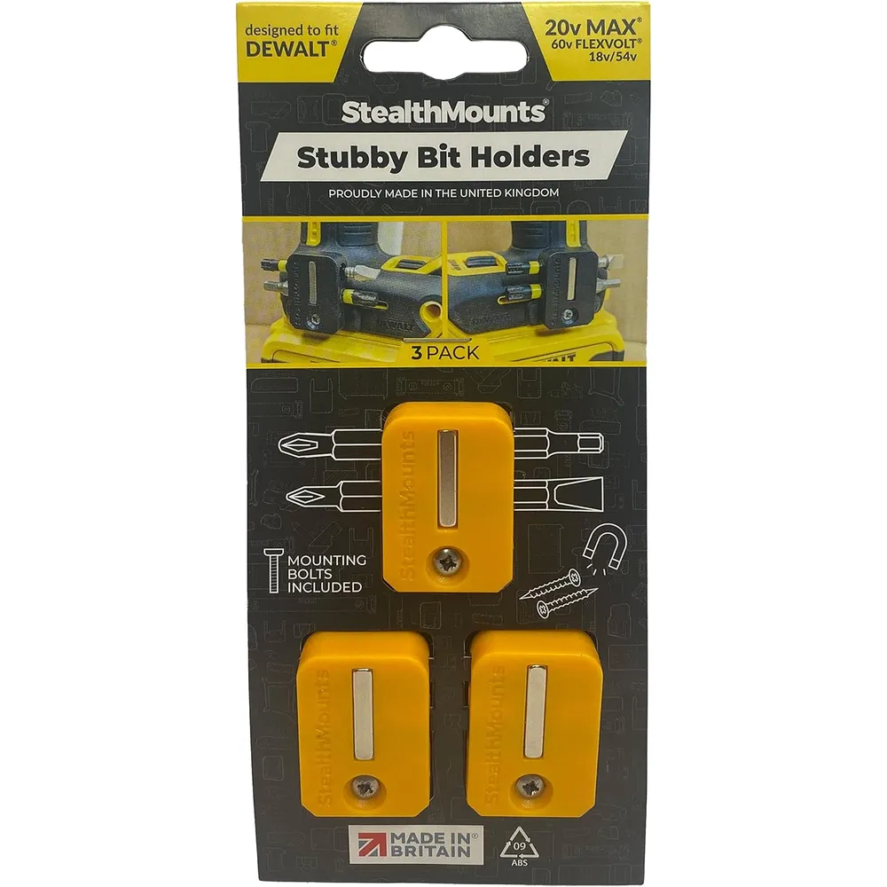 StealthMount BH-DW-S-YLW Stubby Magnetic Bit Holder for Dewalt XR & Flexvolt Tools (3 Pack) Yellow