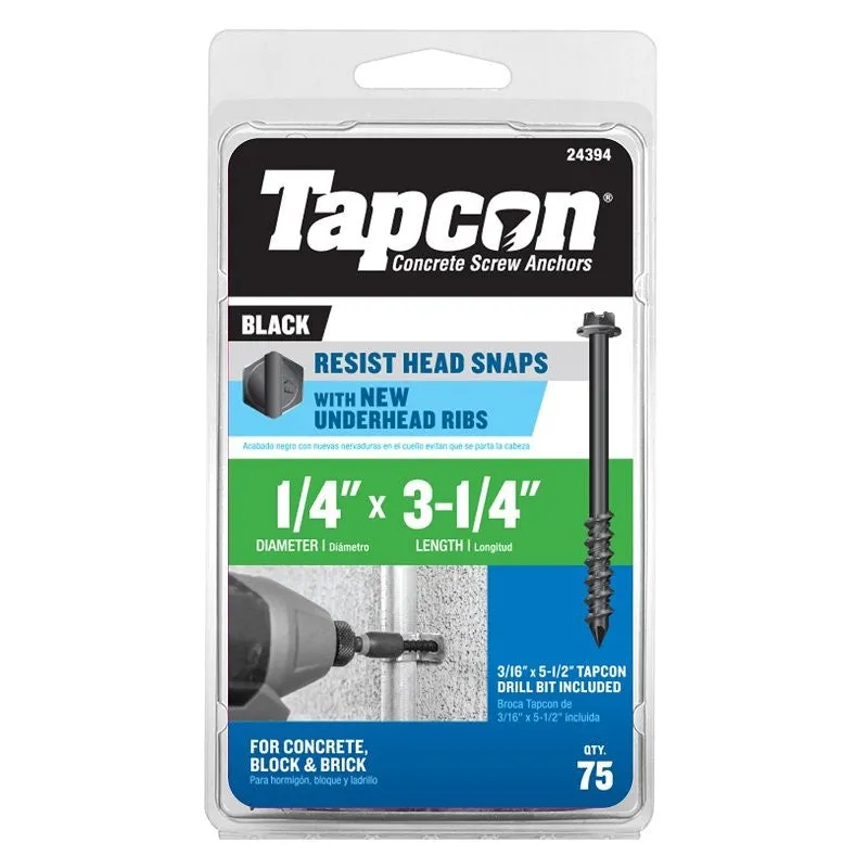 Tapcon 24394 Concrete Screw Anchor, 1/4 in Dia, 3-1/4 in L, Steel, Climaseal