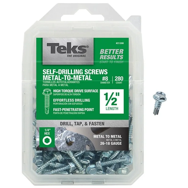 Teks 21308 Screw, #8 Thread, 1/2 in L, Coarse Thread, Hex Drive, Self-Drilling, Self-Tapping Point, Steel, Zinc, 280 PK