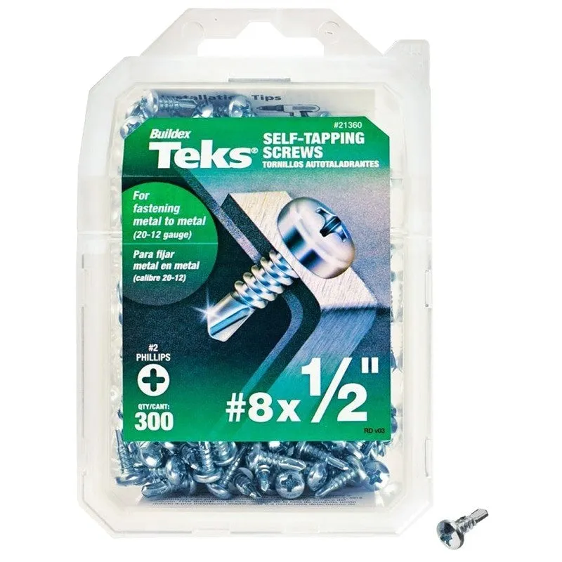 Teks 21360 Screw, #8 Thread, 1/2 in L, Coarse Thread, Pan Head, Phillips Drive, Self-Drilling, Self-Tapping Point