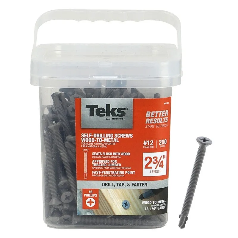 Teks 21386 Roofing Screw, #12 Thread, Fine Thread, Hex, Phillips Drive, Drill, Self-Tapping Point, Steel, Zinc