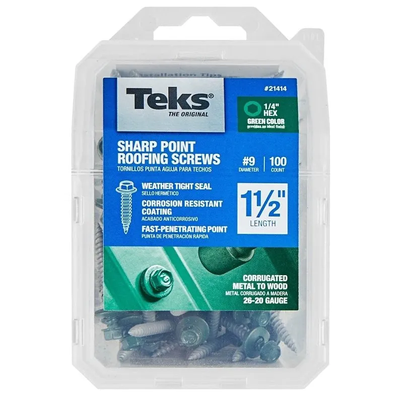 Teks 21414 Roofing Screw, 1-1/2 in L, Coarse Thread, Washer Head, Hex Drive, Sharp Point, Steel, Zinc-Plated, 100