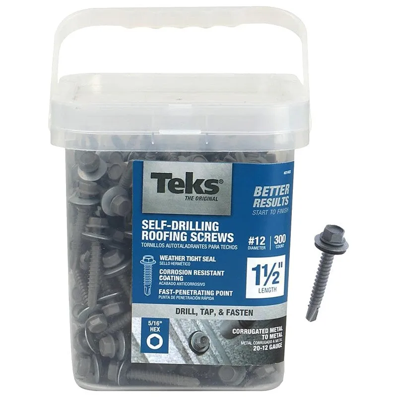 Teks 21422 Roofing Screw, #12 Thread, Hex Drive, Drill, Self-Tapping Point, Steel, Metallic
