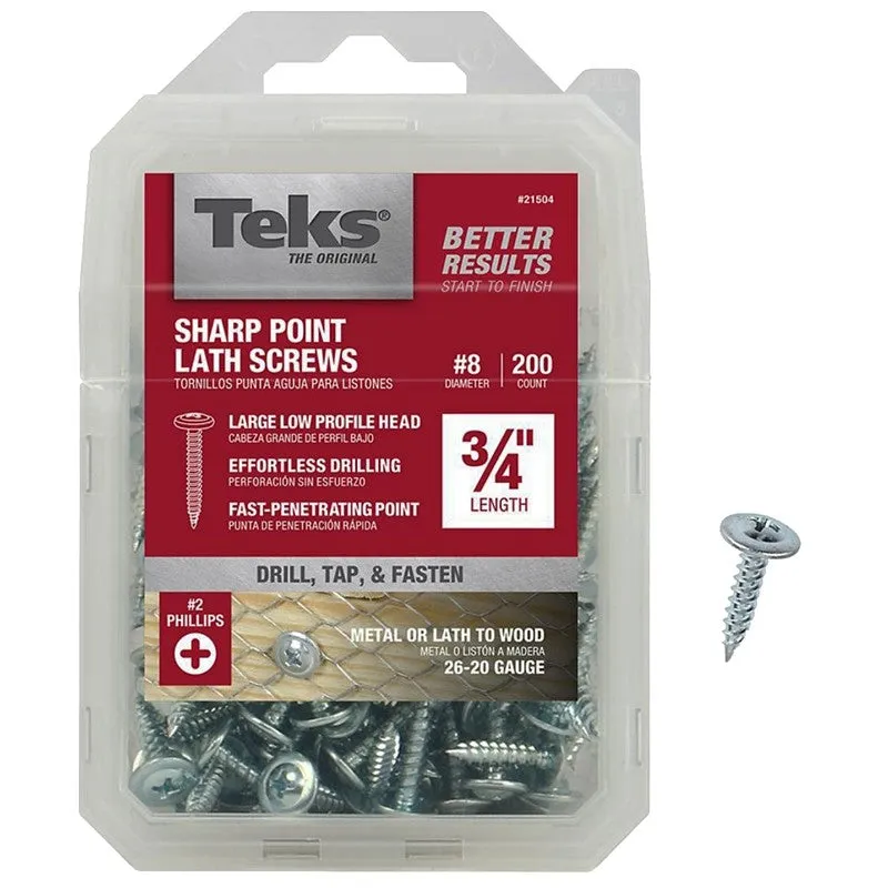 Teks 21504 Lath Screw, #8 Thread, Truss Head, Phillips Drive, Sharp Point, Steel, Zinc, 200 PK