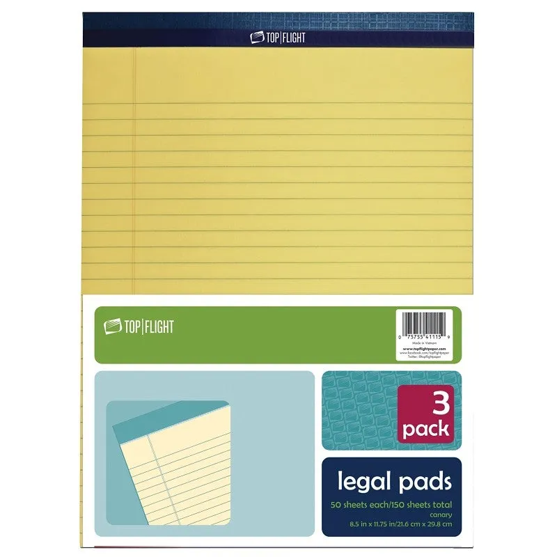 Top Flight N 11 Series 4513094 Legal Pad, 11-3/4 in L x 8-1/2 in W Sheet, 50-Sheet, Canary Yellow Sheet (Pack of 12)