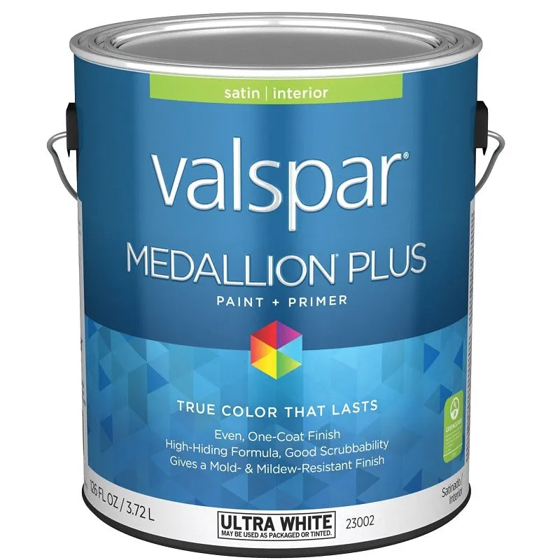 Valspar Medallion Plus 2300 028.0023002.007 Latex Paint, Acrylic Base, Satin Sheen, Ultra White Base, 1 gal, Can (Pack of 4)