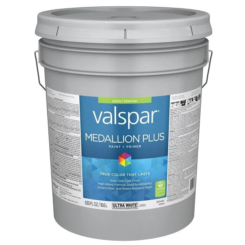 Valspar Medallion Plus 2300 028.0023002.008 Latex Paint, Acrylic Base, Satin Sheen, Ultra White Base, 5 gal