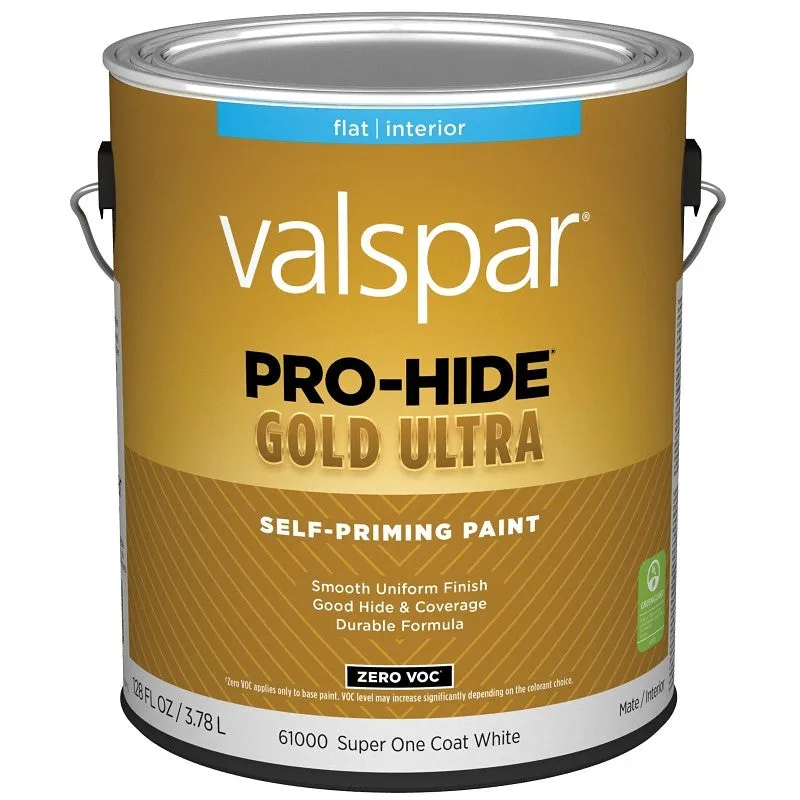 Valspar Pro-Hide Gold Ultra 6100 028.0061000.007 Latex Paint, Acrylic Base, Flat Sheen, Super One Coat White, 1 gal (Pack of 4)