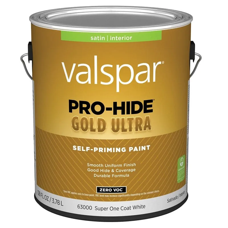Valspar Pro-Hide Gold Ultra 6300 028.0063000.007 Latex Paint, Acrylic Base, Satin, Super One Coat White, 1 gal (Pack of 4)