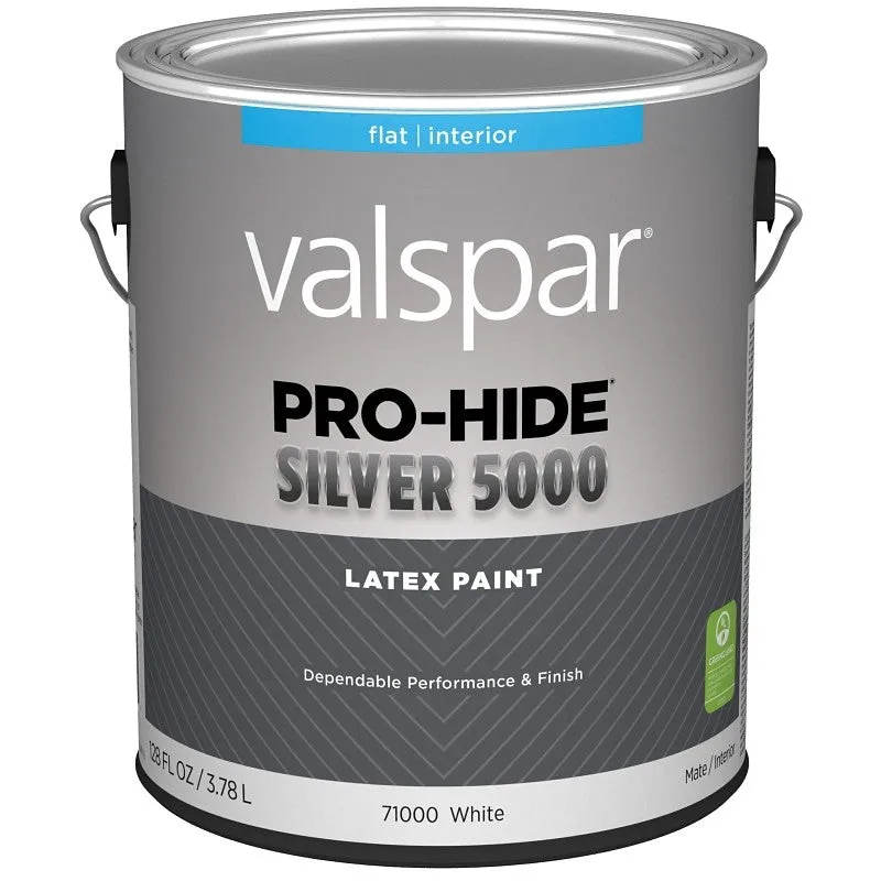 Valspar Pro-Hide Silver 5000 7100 028.0071000.007 Latex Paint, Water Base, Flat Sheen, White Base, 1 gal, Metal Can (Pack of 4)