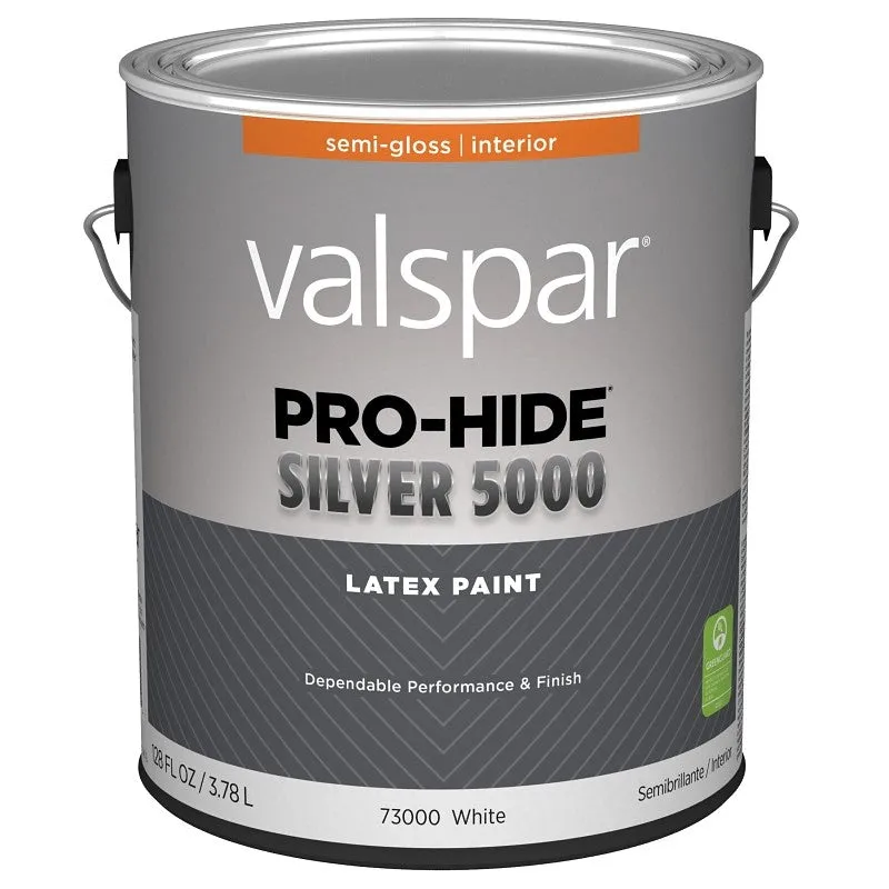Valspar Pro-Hide Silver 5000 7300 028.0073000.007 Latex Paint, Water Base, Semi-Gloss Sheen, White Base, 1 gal (Pack of 4)