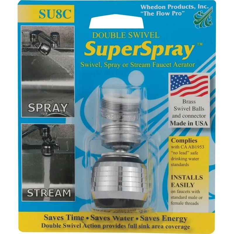 Whedon SU8C Double Swivel Faucet Aerator, Black, 15/16-27 x 55/64-27 Male x Female Thread, Brass, Chrome Plated