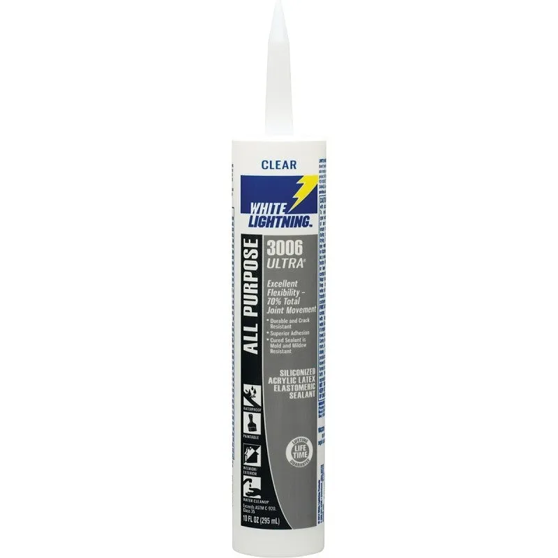 White Lightning W11001010 Siliconized Acrylic Latex Sealant, Clear, 5 to 7 days Curing, -30 to 180 deg F, 10 fl-oz (Pack of 12)