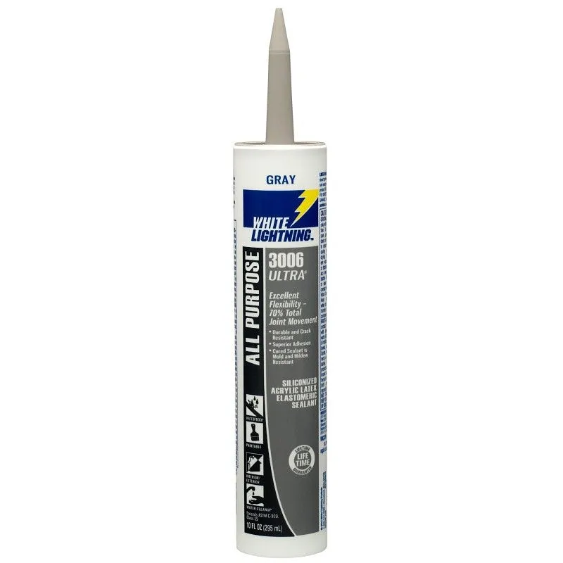 White Lightning W11004010 All Purpose Elastomeric Sealant, Gray, 5 to 7 days Curing, >40 deg F, 10 fl-oz, Cartridge (Pack of 12)