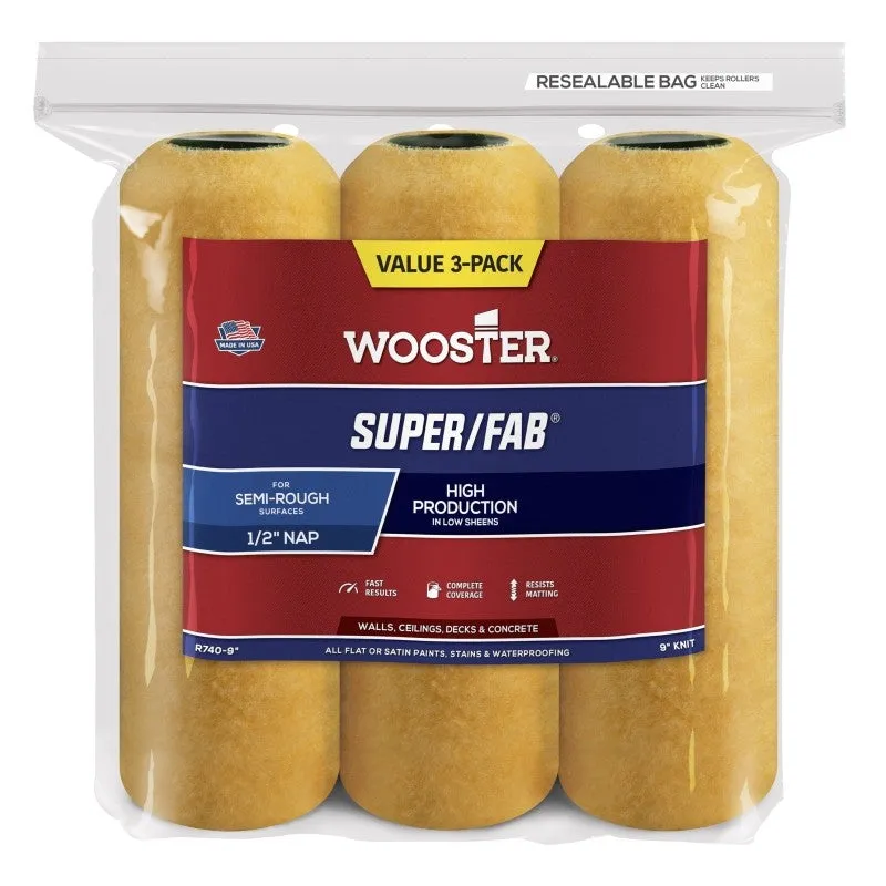 Wooster R740-9 Roller Cover, Gold/Yellow, 1/2 in Thick Nap, 9 in L, Fabric Cover, 3/PK