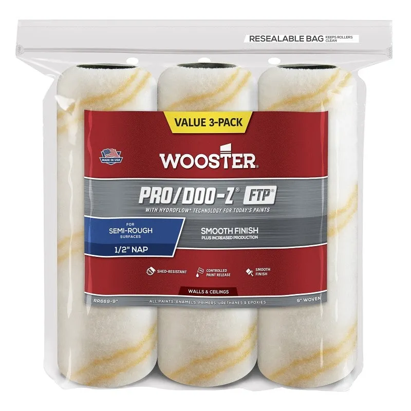 Wooster RR669-9 Roller Cover, White, 9 in L, Fabric Cover