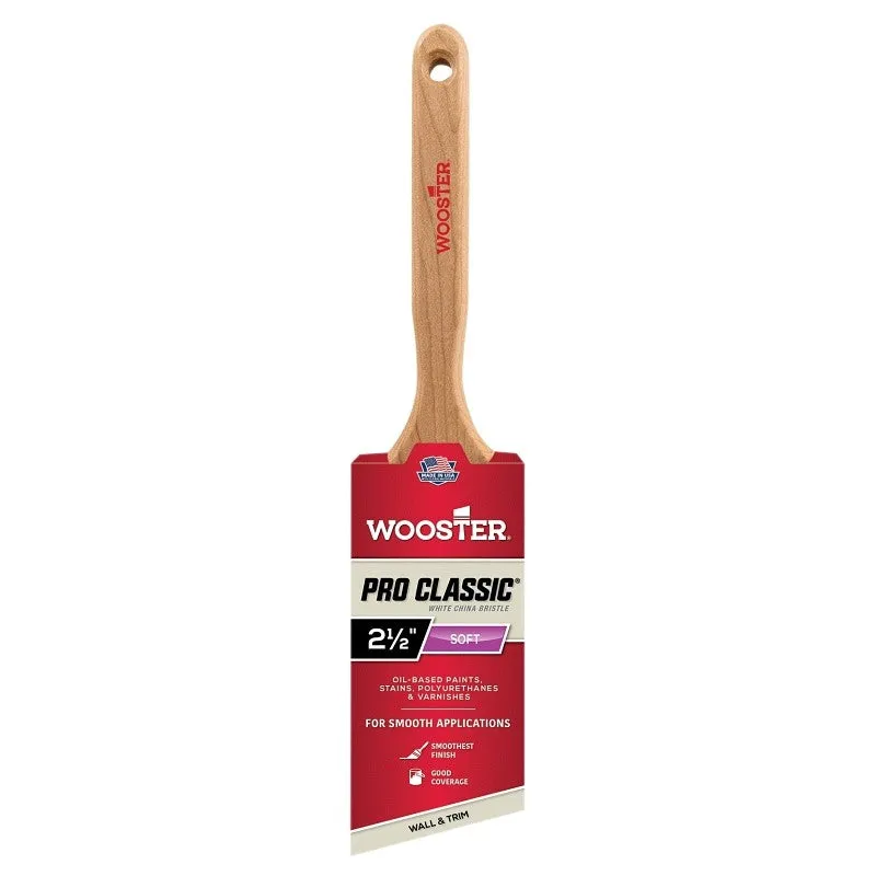 Wooster Z1222-2-1/2 Paint Brush, White, Maple Wood Handle, 2-1/2 in W, Angle Brush, 3-3/16 in L Bristle, China Bristle