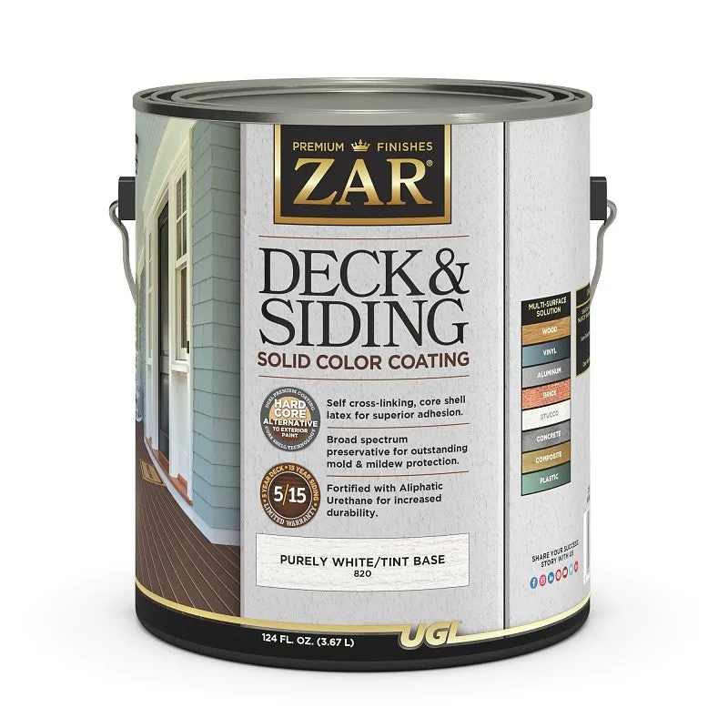ZAR 82013 Deck and Siding Solid Color Coating, Light Tint Base/Purely White, Liquid, 1 gal
